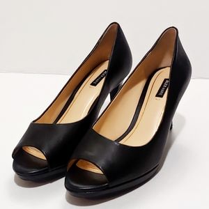 Alex Marie Black Leather Open Toe Heels Size 7.5